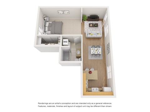 A floor plan of a small apartment with a kitchen, living room, and bathroom.